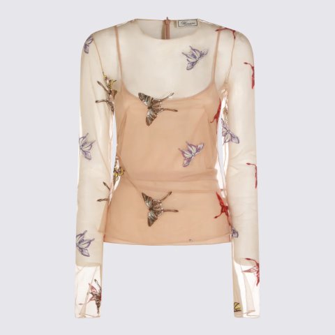 BlumarineButterfly Print Mesh Blouse Camel