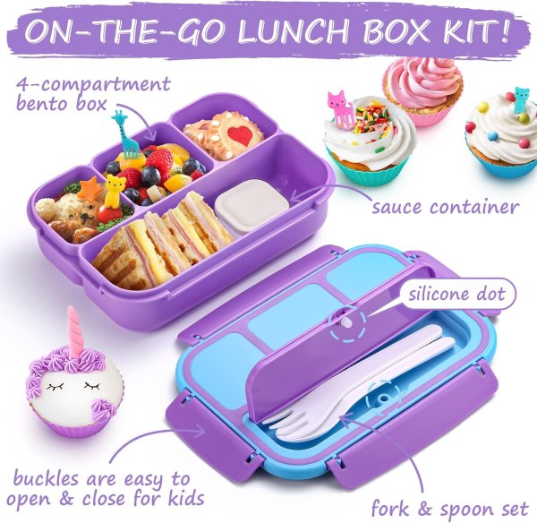 QQKO Kids Bento Lunch Box Purple 4 Compartments