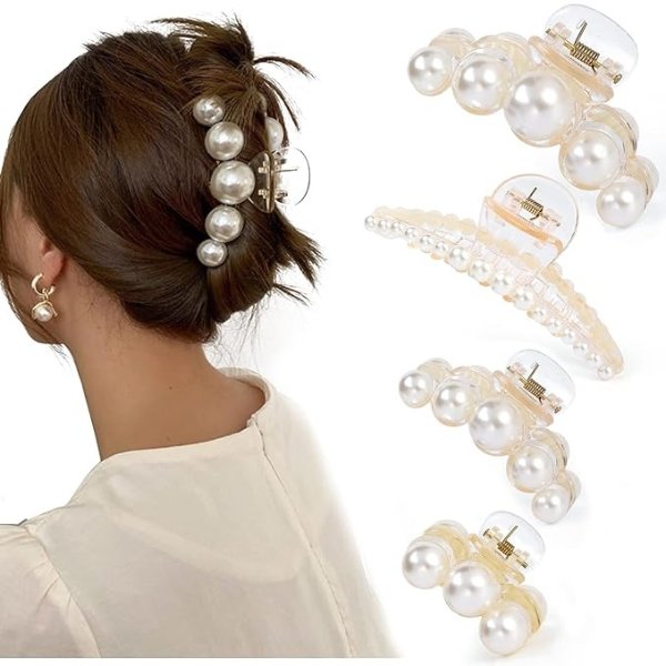 Large Pearl Hair Claw Clips 4 Pack