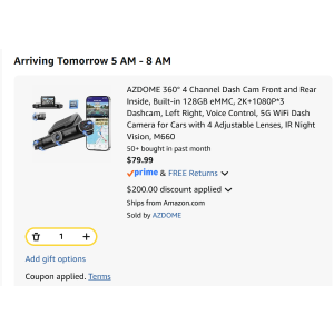 $79.99  AZDOME 360° 4 Channel Dash Cam Front and Rear Inside, Built-in 128GB eMMC, 2K+1080P*3 Dashcam, Left Right, Voice Control, 5G WiFi Dash Camera for Cars with 4 Adjustable Lenses, IR Night Vis