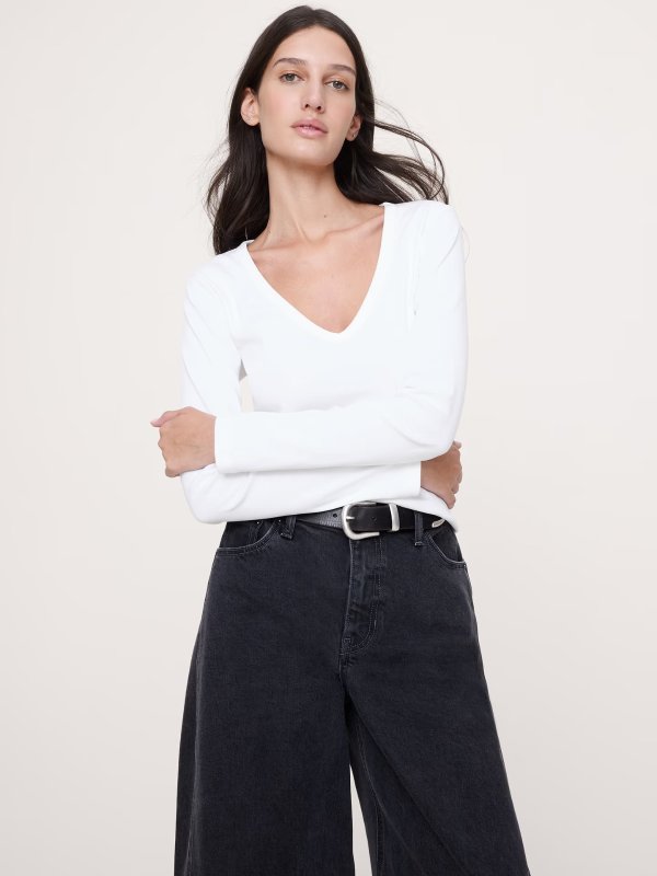 Cotton V-Neck Long-Sleeve T-Shirt