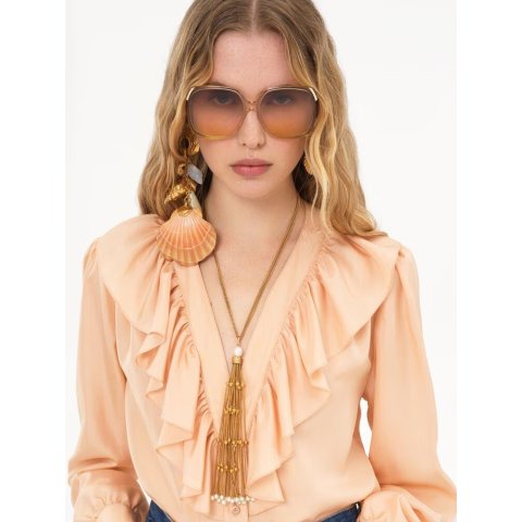 Silk V-neck Ruffled Blouse Pink