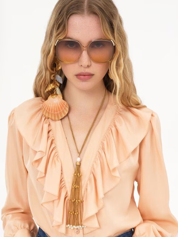 Silk V-neck Ruffled Blouse Pink