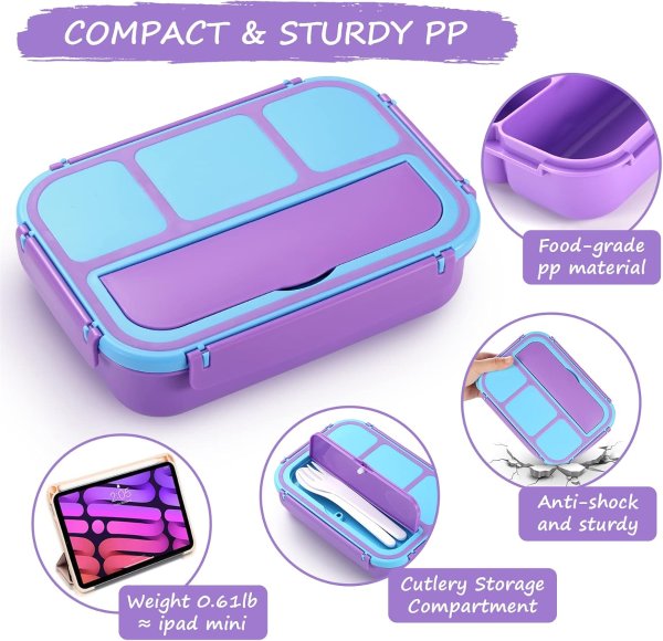 QQKO Kids Bento Lunch Box Purple 4 Compartments