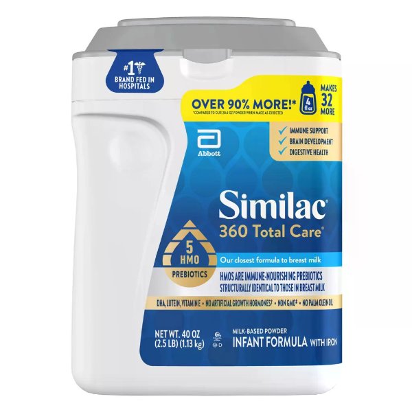 Similac 360 Total Care with 5 HMO s, Non-GMO Infant Formula Powder, 40 oz