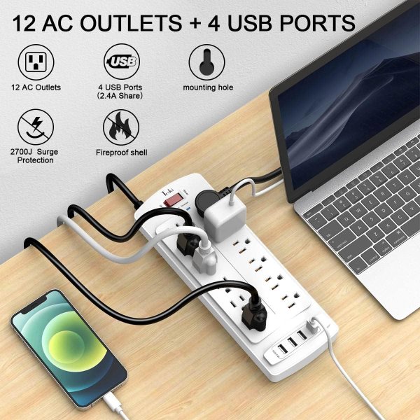 Tcstei 插座排插 12位 4USB 6英尺 白色