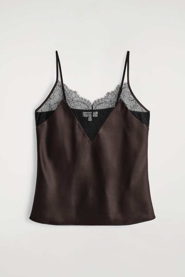 Satin Cami Top Lace-Trimmed Brown