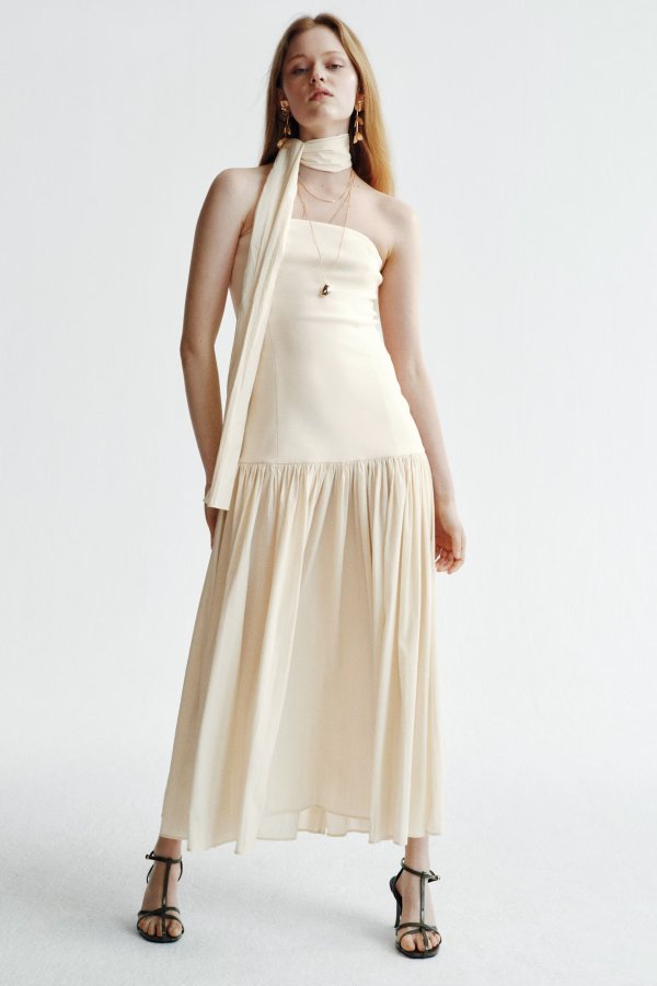  Light Beige Bandeau Dress with Scarf