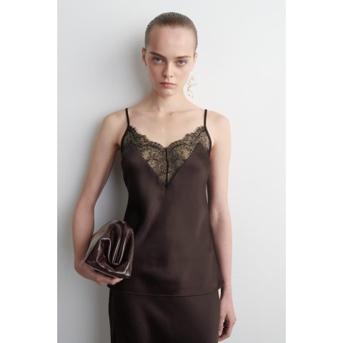 Satin Cami Top Lace-Trimmed Brown