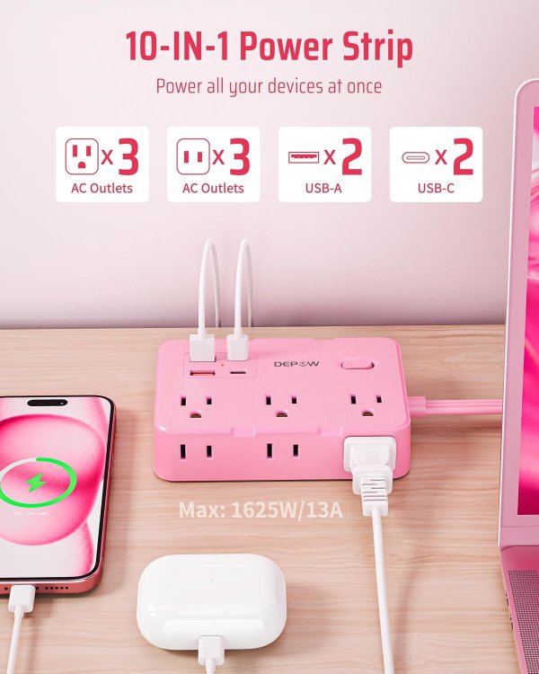 DEPOW Power Strip 6 Outlets 5FT Extension Cord 1050J with 4 USB