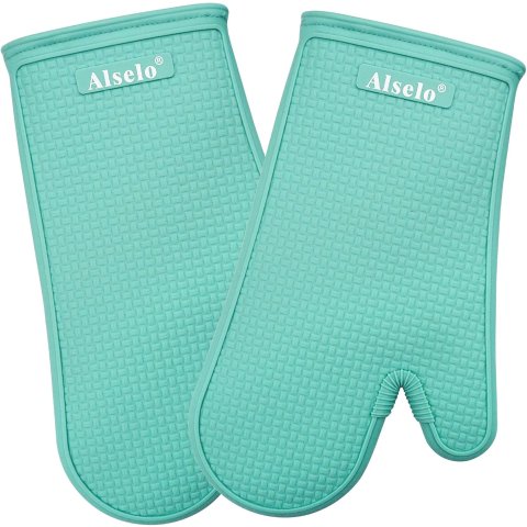 Alselo Heat Resistant Silicone Oven Mitts Waterproof Non-Slip Set of 2 Blue