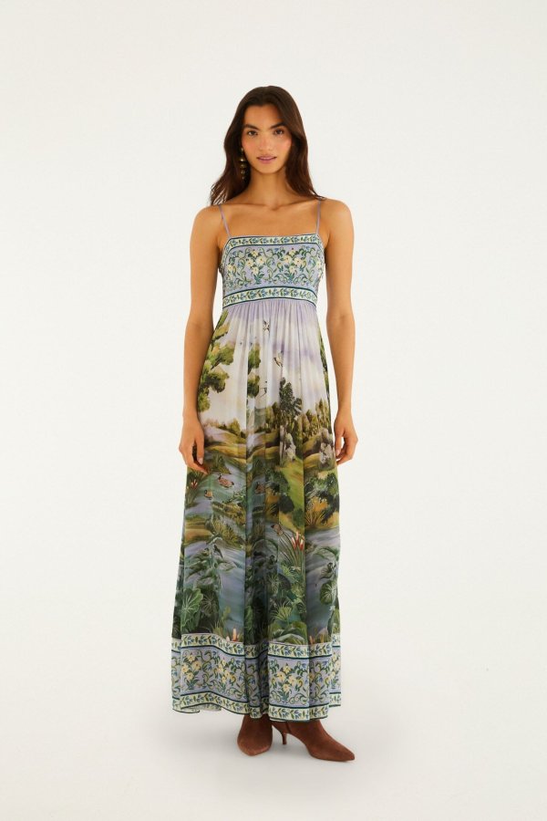 Multicolor Countryside Landscape Adjustable Strap Maxi Dress