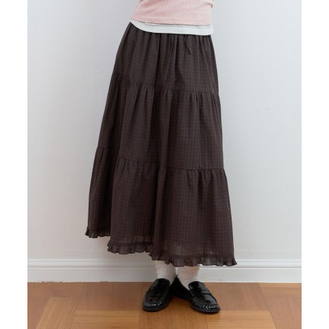 ROLAROLACheck Tiered Long Skirt Brown