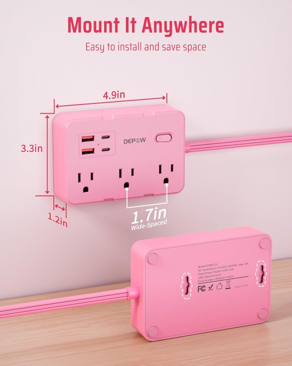 DEPOW Power Strip 6 Outlets 5FT Extension Cord 1050J with 4 USB