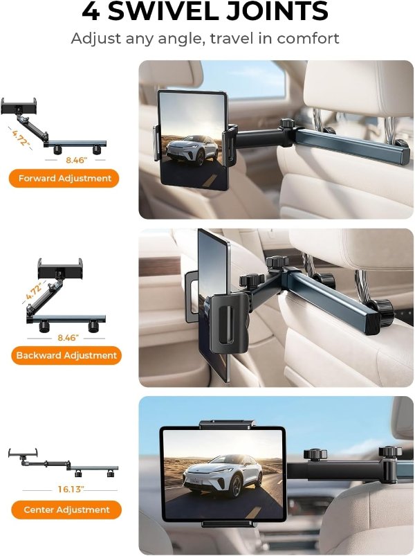 Lisen iPad Holder for Car 4-in-1 Adjustable Arm Back Seat Tablet Mount