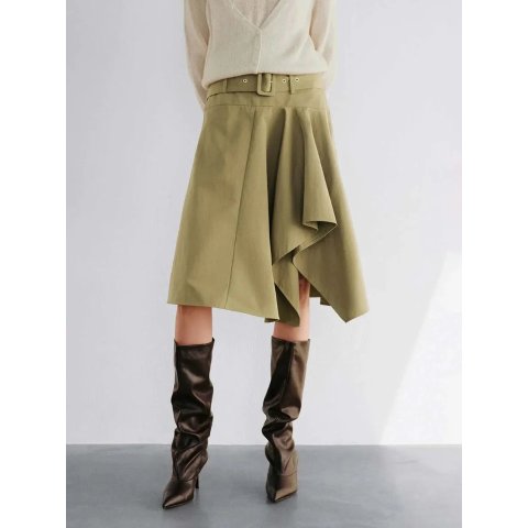URban RevivoURBAN REVIVO Belted Mid-rise Asymmetric A-Line Cotton Blend Skirt