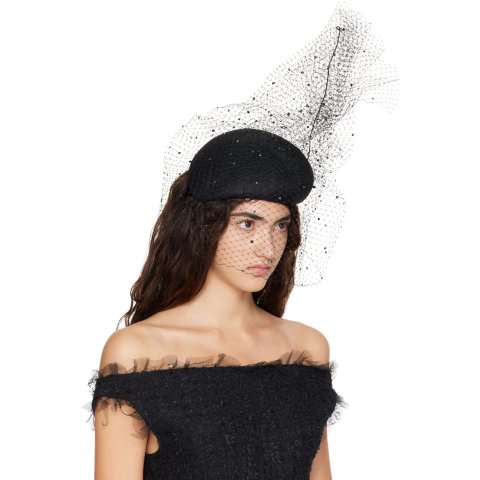Psychedelic Basketwoven Straw Fascinator Hat with Rhinestone Mesh Veil