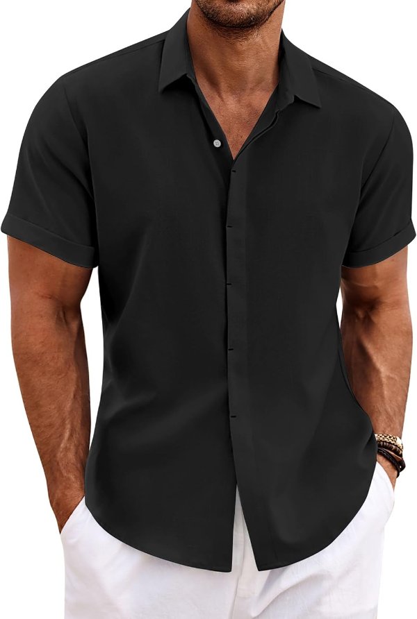 COOFANDY Men's Linen Short Sleeve Casual Button Down Shirt