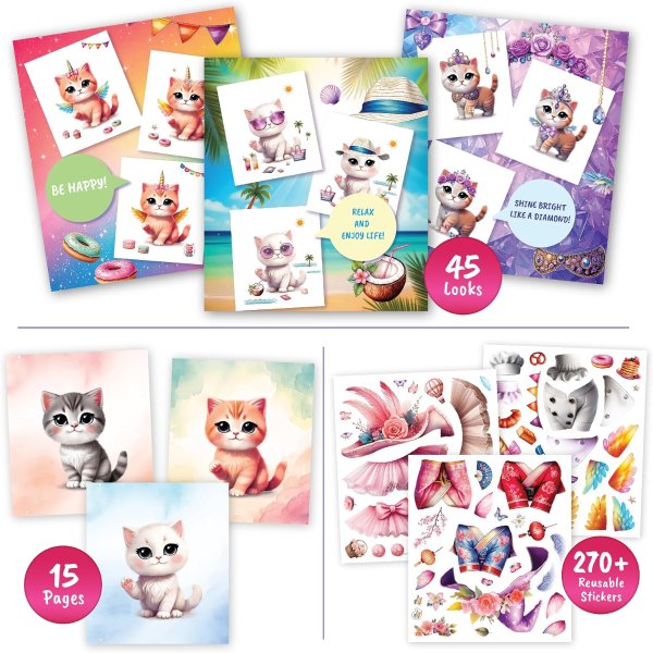 BSCOOL Sticker Dress Up Book for Girls Kitten Activity 300+ Reusable Stickers Ages 5-8