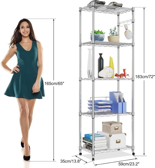 5-Tier Steel Wire Shelving Unit with Wheels, 23.2 x 13.8 x 72 Inch