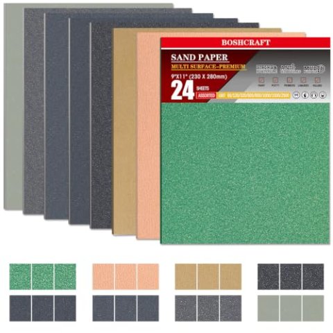 BOSHCRAFT 24 PCS 9" x 11" Wet Dry Sandpaper Assortment for Wood Metal Automotive Multi-Grit