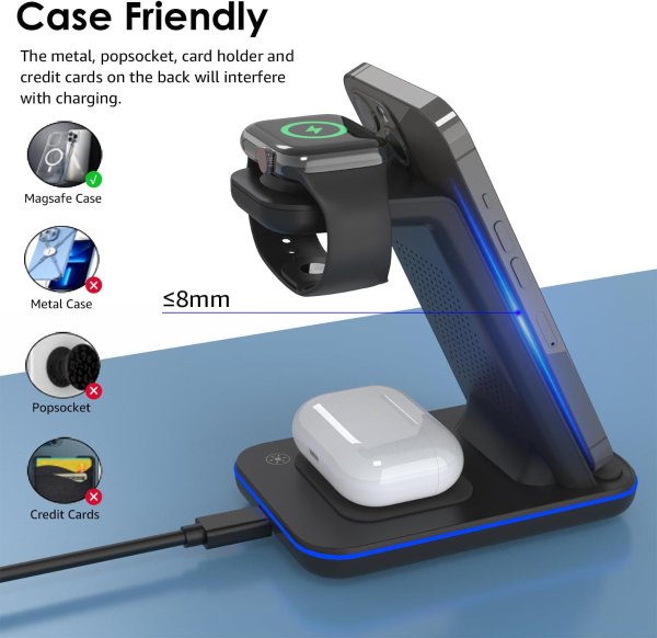 Minthouz 3 in 1 Fast Wireless Charging Station 20W Adapter Compatible with iPhone Apple Watch AirPods