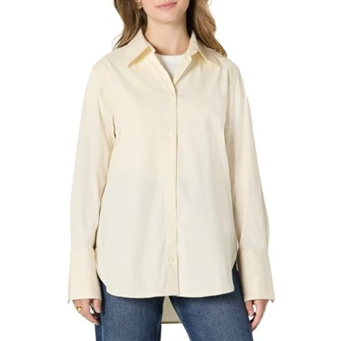 Amazon Essentials Women's Oversized-Fit Cropped Cotton Stretch Poplin Button-Down Shirt Small