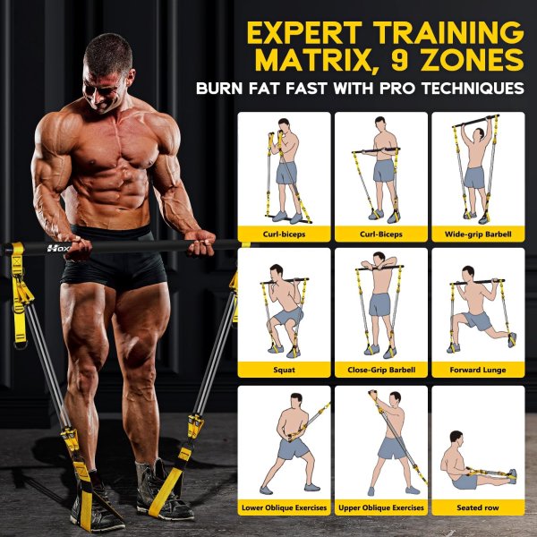 HOXWC Heavy Duty Adjustable Pilates Bar Kit with Resistance Bands
