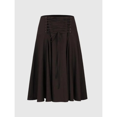 URBAN REVIVO Lace-up Front Pleated High-waisted A-line Skirt