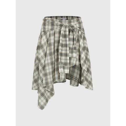 URban RevivoURBAN REVIVO Cotton Plaid A-Line Skirt with Tie Waist