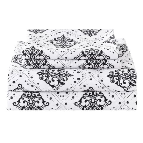 ChicView King Size Damask Printed 4-Piece Microfiber Sheet Set Boho Style Deep Pockets
