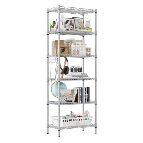 Homdox 6-Tier Wire Storage Shelf Freestanding Adjustable Rack with Stainless Hooks