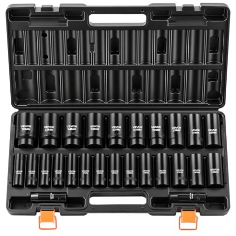 VEVOR 26-Piece 1/2 Inch Metric 6-Point Deep Impact Socket Set 10-36mm Cr-V with Storage Case
