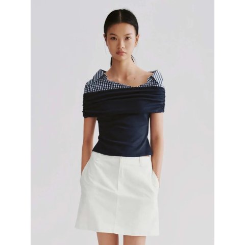 Stretch Off Shoulder Check Collar Cotton Shirt