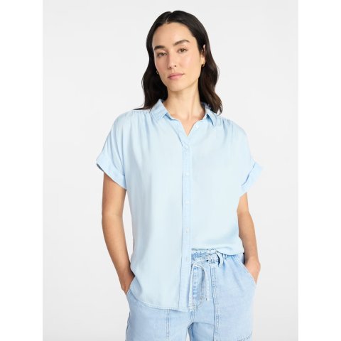 Time and TruWomen s Short Sleeve Chambray Camp Shirt XS-XXXL