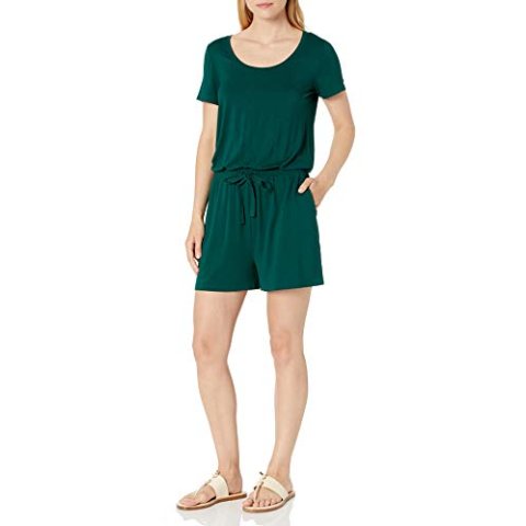 Amazon Essentials Women's Short-Sleeve Scoop Neck Romper Elastic Waist Casual Summer Large