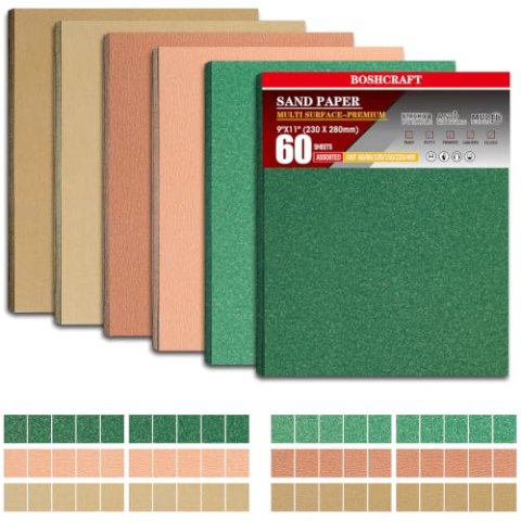 BOSHCRAFT 60 PCS 9 x 11 Inch Sandpaper Assortment for Wood Metal Automotive, 60/80/120/150/220/320 Grit