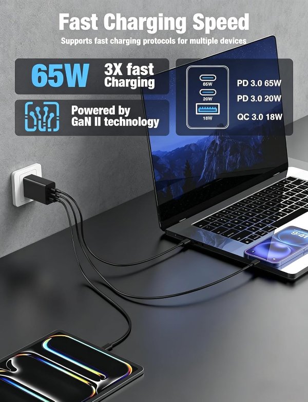 Kitminun 65W Super Fast Type-C Wall Charger with 100W USB C Cable Set
