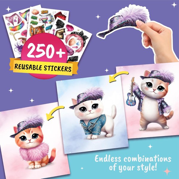 BSCOOL Superstar Kitten Sticker Dress Up Activity Book 300+ Reusable Stickers