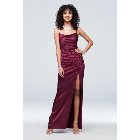 David s BridalRuched Low-Back Satin Cowlneck Sheath Dress