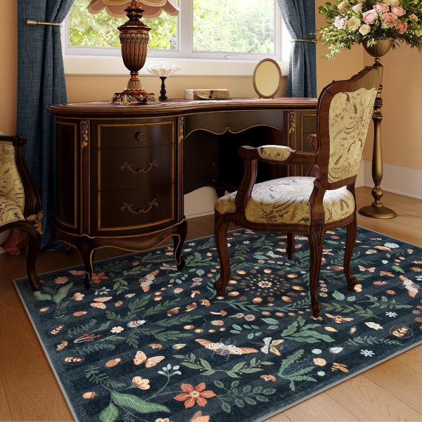 Lahome Washable Botanical Insect Area Rug 3x5 Non-Slip Low Pile Faux Wool