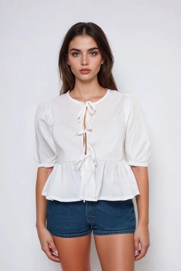 Poplin 系带荷叶边上衣