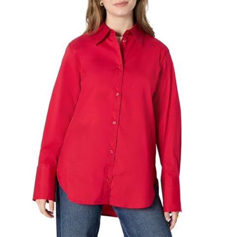 Amazon Essentials Women's Oversized Fit Cropped Cotton Poplin Button-Down Shirt Small