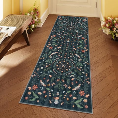 Lahome Washable Botanical Insect 2x6 Runner Rug Non-Slip Boho Faux Wool Carpet