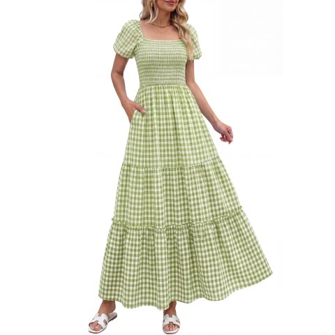 Gingham Short Puff Sleeve Maxi Dress S-XXL