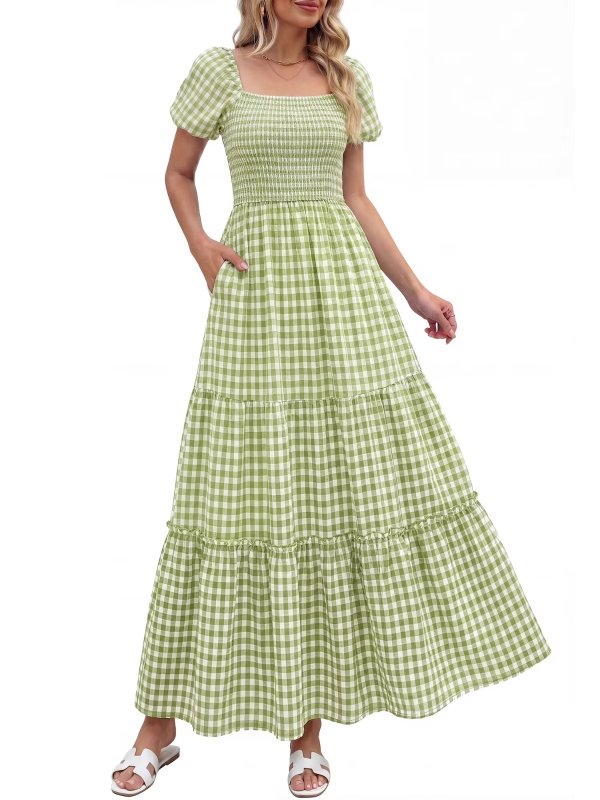 Gingham Short Puff Sleeve Maxi Dress S-XXL