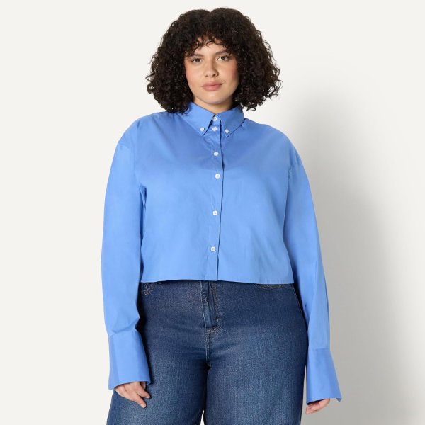 Amazon Essentials Amazon Essentials Women's Oversized Fit Cropped Cotton Stretch Poplin Button-Down Shirt