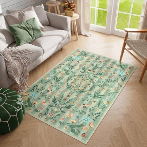 Lahome Washable Botanical 3x5 ft Non-Slip Area Rug Faux Wool Low Profile
