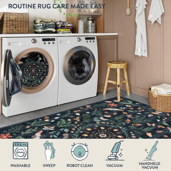 Lahome Washable Botanical Insect Area Rug 3x5 Non-Slip Low Pile Faux Wool