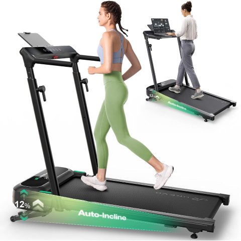 UREVO Foldable Treadmill with Adjustable Laptop Desk, 12% Auto Incline